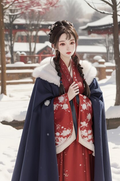 Behang Klassieke Chinese schoonheid die Hanfu cheongsam-jasje draagt in de koude winter en sneeuwt