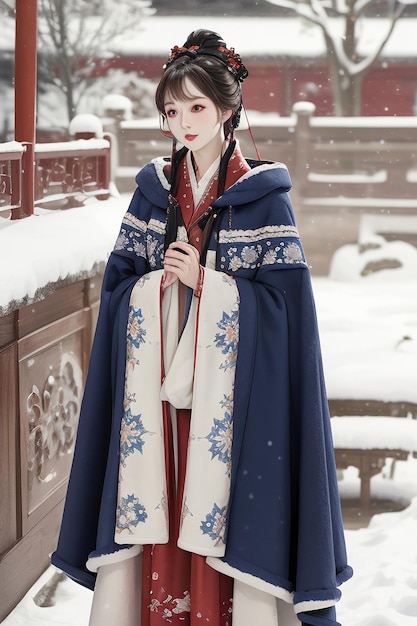 Behang Klassieke Chinese schoonheid die Hanfu cheongsam-jasje draagt in de koude winter en sneeuwt