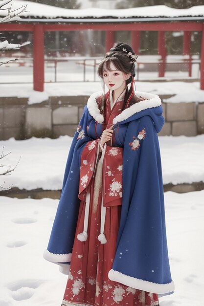 Behang Klassieke Chinese schoonheid die Hanfu cheongsam-jasje draagt in de koude winter en sneeuwt