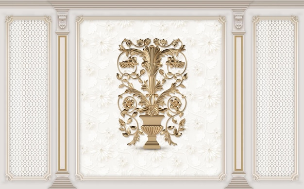 behang Klassieke deur met decoratie Schansen aan de muur. Digitale illustratie. 3d weergave