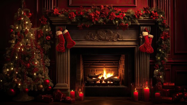 Foto behang landschap van een traditionele woonkamer met een open haard een prachtig versierde kerst t