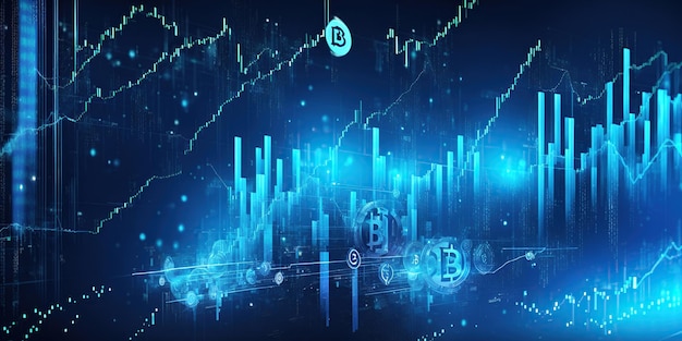 Behang met abstracte blauwe achtergrond en bitcoin