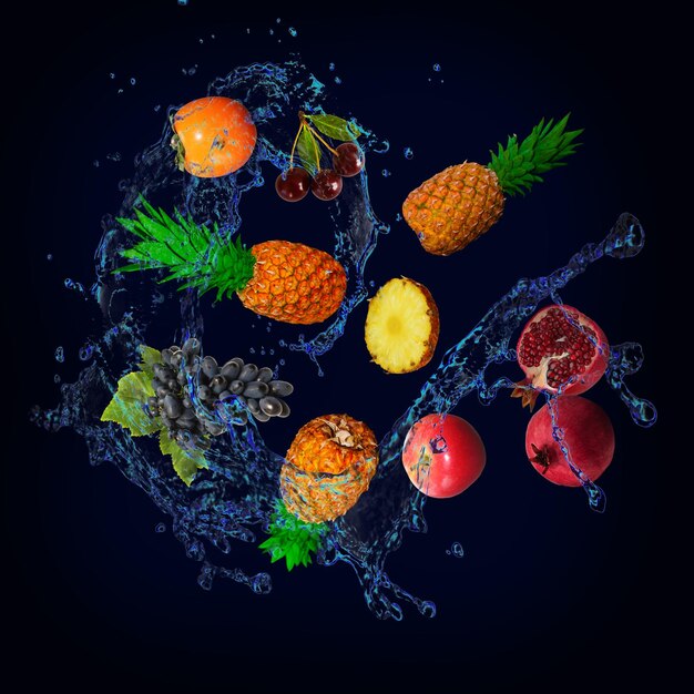 Behang met fruit in water sappige ananas persimmon granaatappel druiven appel zijn gevuld met plezier
