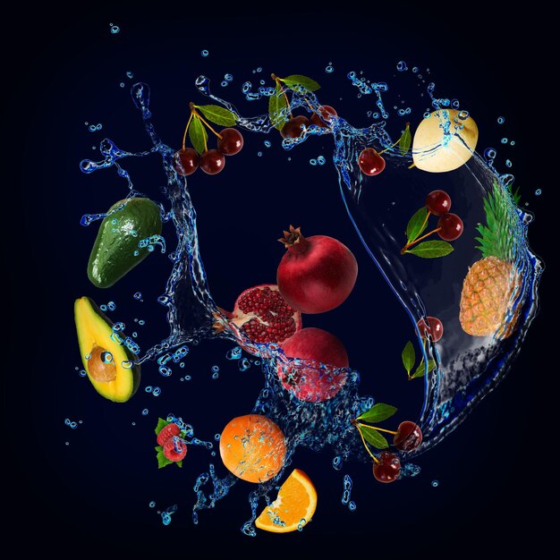 Behang met fruit in water sappige avocado ananas granaatappel kers sinaasappel framboos het belangrijkste onderdeel van medische diëten