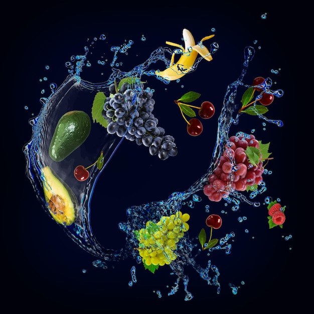 Behang met fruit in water sappige avocado's druiven kersen bananen frambozen zijn het belangrijkste onderdeel van medische diëten