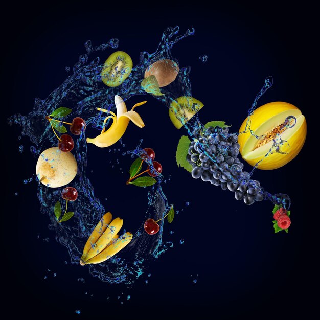 Behang met fruit in water sappige druiven kiwi meloen banaan kers peer het belangrijkste onderdeel van medische diëten