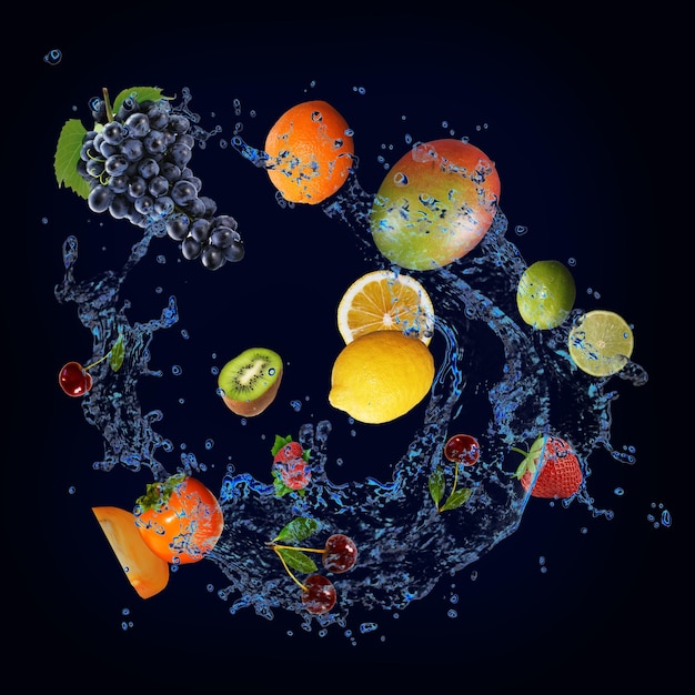 Behang met fruit in water sappige druiven mango citroen kiwi aardbei limoen mango zoet dessert