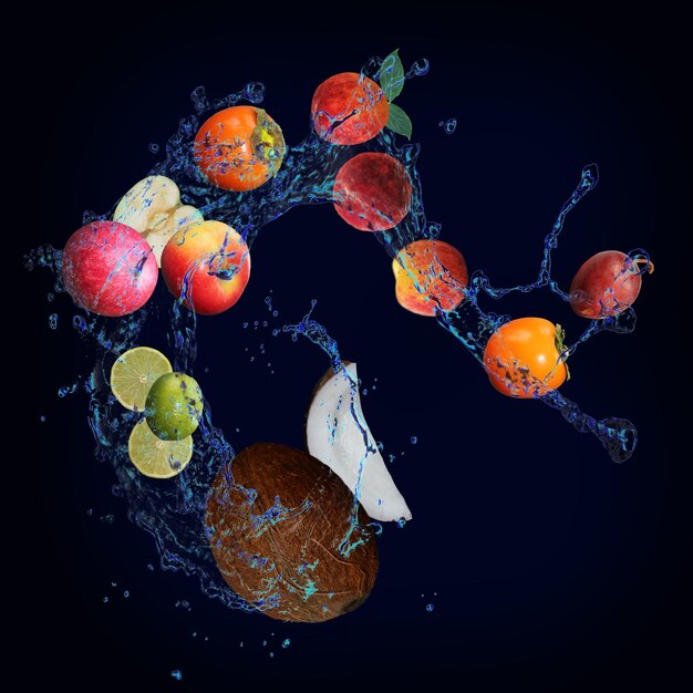 Behang met fruit in water sappige kokosappel kaki limoen pruim perzik gevuld met plezier