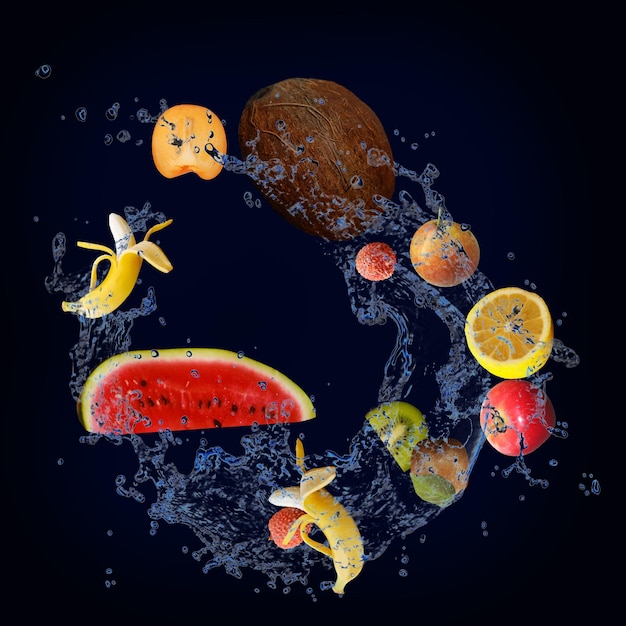Behang met fruit in water sappige watermeloen banaan kiwi appel citroen zitten vol vitamines