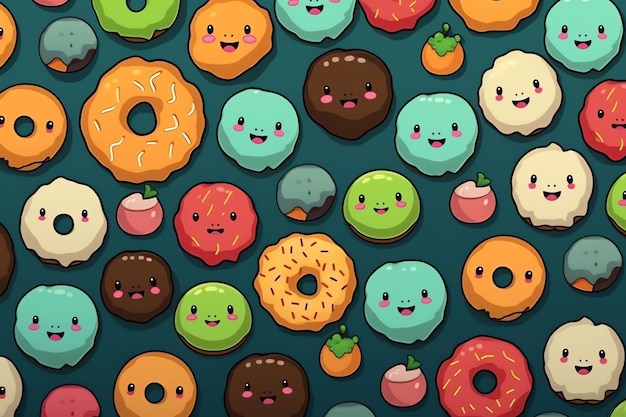 Behang van cartoon donuts met verschillende gezichten