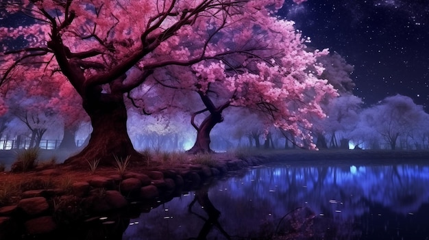 behang van de sakura boom's nachts het sakura bos's nacht de achtergrond