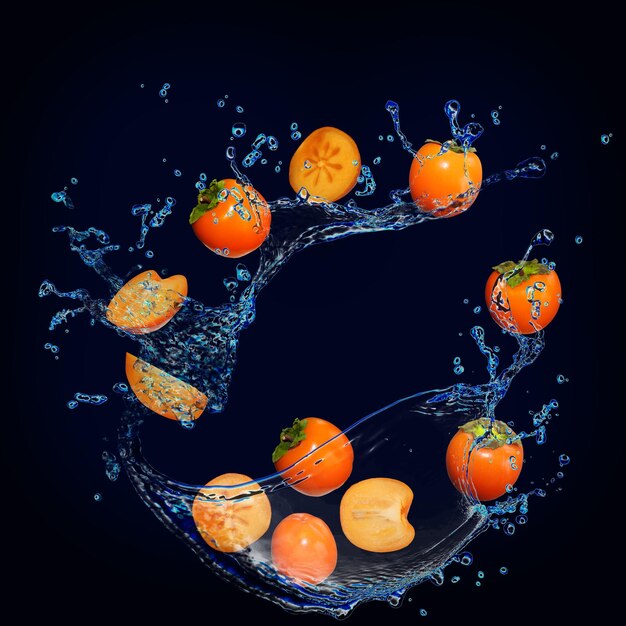 Behang voor ontwerpers en illustratoren sappig fruit persimmon in water