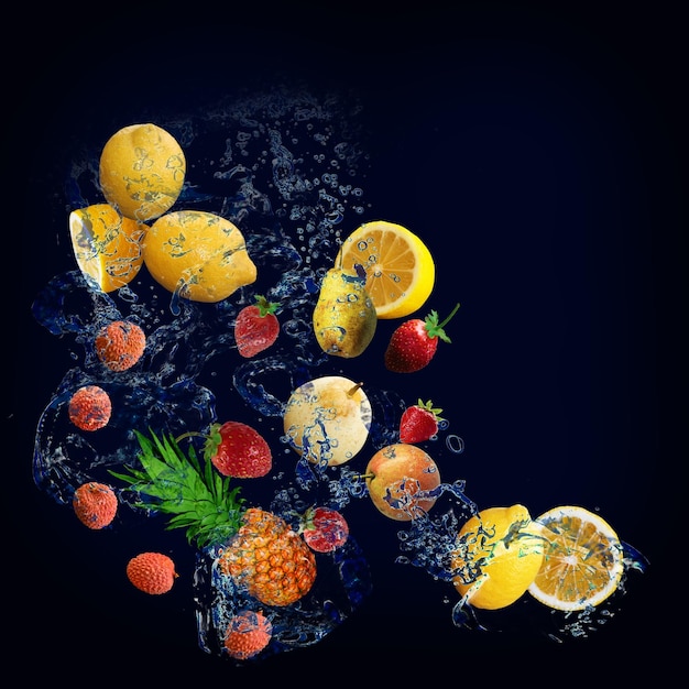 Behangpanorama met fruit in het water citroen lychee peer aardbei is erg lekker en zit boordevol vitamines