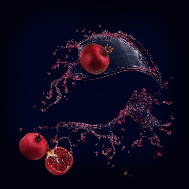 Behangpanorama met fruit in het water een heldere scheut granaatappelsap een fontein van vitamines en voedingsstoffen