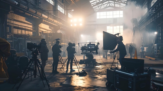 Foto dietro le quinte un'occhiata alla troupe di un set cinematografico al lavoro in una grande sede industriale scena di produzione cinematografica ai