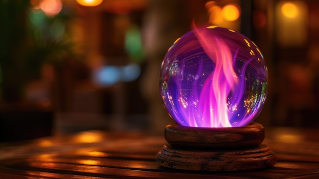 Смотрите мистическую привлекательность стеклянного шара, увенчанного завораживающим фиолетовым пламенем.