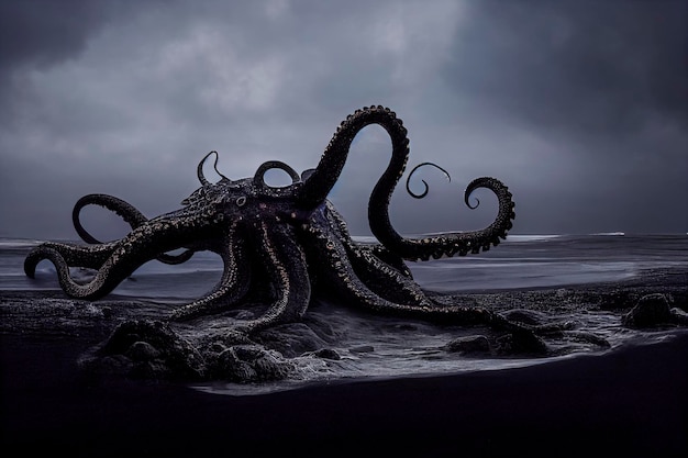 写真 behold the mighty cthulhu: アイスランドの氷の海から現れる巨大なタコの息をのむようなストック フォト。ジェネレーティブ ai テクノロジで作成されたファンタジー、ホラー、アドベンチャー デザインに最適