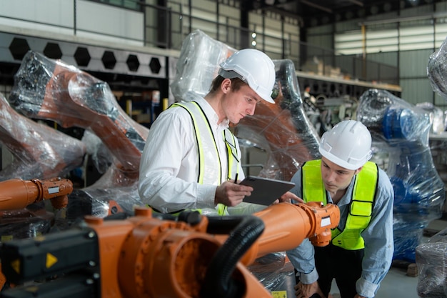 Foto beide ingenieurs werken samen in een robotarmfabriek.