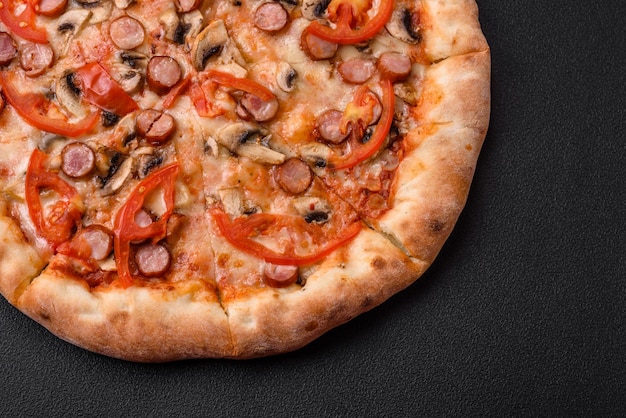 Beierse pizza met gerookte worstjes, tomaten, kaas, zout en kruiden