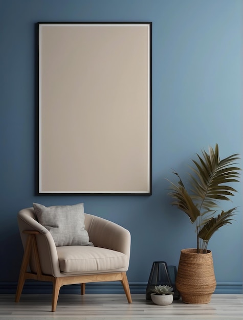 Beige armchair and mock up poster on blue wall Interior design of modern living room
