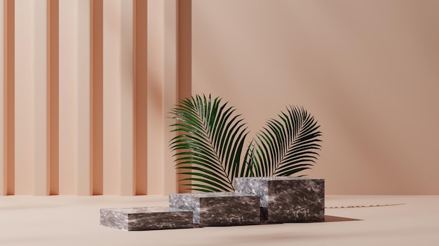 beige backdrop and natural leaf with white marble pedestal podium mockup, empty platform for display