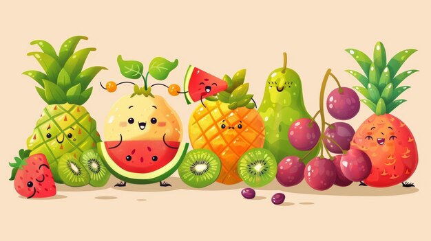 On beige background cartoon tropical fruits do summer activities including watermelon pineapple grapes kiwis and cantaloupes