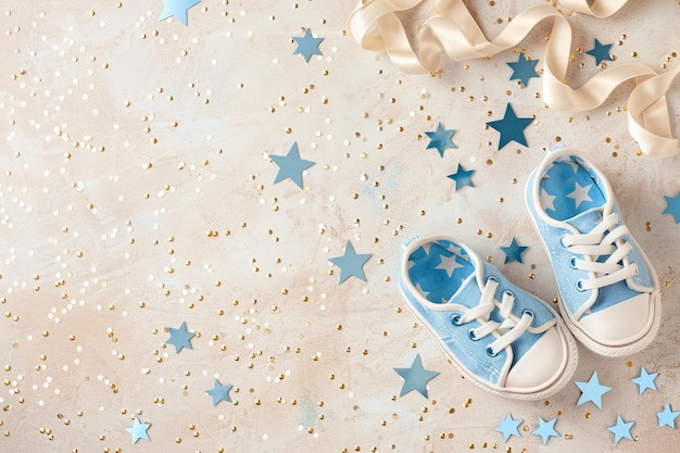 Photo beige background with blue baby shoes stars and copy space its a boy backdrop with empty space for text baby boy birth announcement generative ai