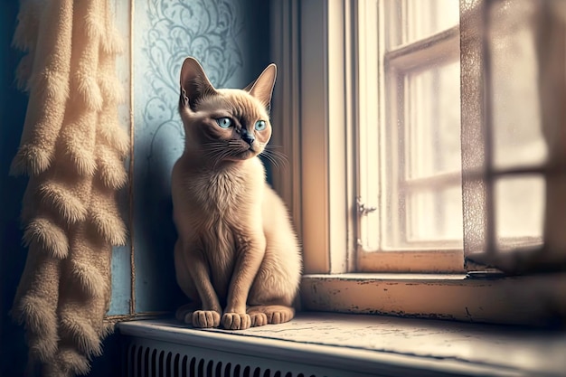 Beige blauwogige schattige kitten op verwarmingsradiator zittend bij raam