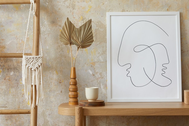 Beige boho interieur van woonkamer met mock up posterframe, elegante accessoires, gedroogde bloemen in vaas, houten console en ladder in stijlvol interieur. Sjabloon.