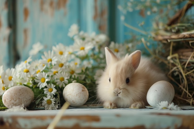 Beige Bunny with Easter Eggs and Daisies