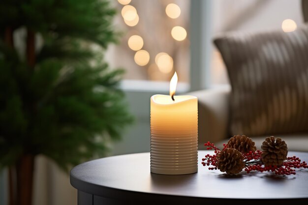 Photo a beige candle burns with a bright flame decorative cones are lying on the table nearby there is a christmas tree nearby and lights are visible outside the window winter concept