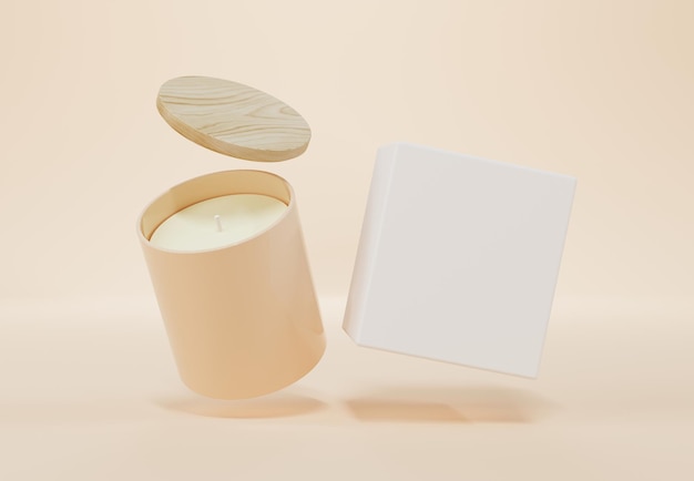 Photo beige ceramic glass jar candle with wooden lid and box d render mockup