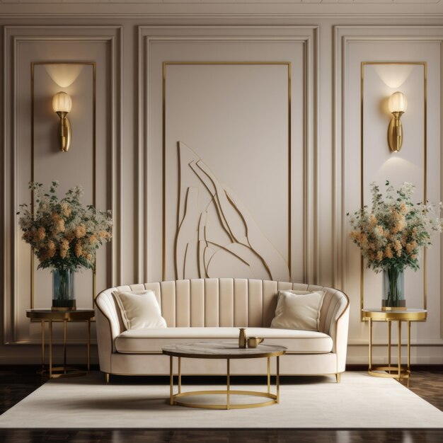 Beige classic sofa and armchair near brass metal paneling wall Art deco style interior design