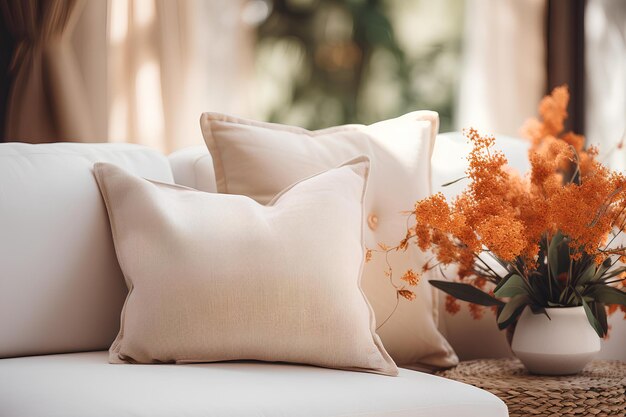 Beige color pillows and flowers on a sofa