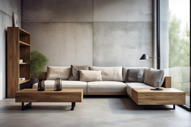 Бежевый угловой диван в современном минималистском интерьере гостиной