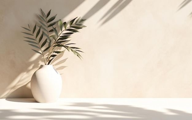 Beige empty interior design with a tropical plant in a vase with copy space minimalist