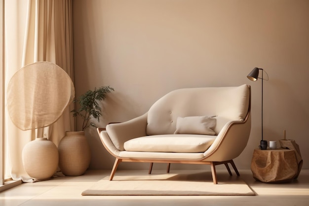 Beige fabric armchair against stucco wall ai generative