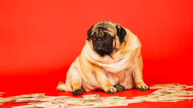 赤い背景にお金でポーズをとってスタジオビジネス犬のドル紙幣と一緒に座っているベージュの太ったパグ