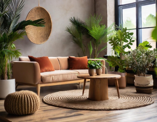 Beige fluweel bank met terracotta kussens tussen kamerplanten houten ronde koffietafel bij ottom...