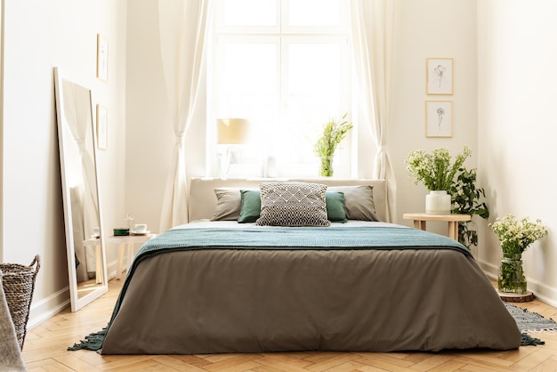 연립 주택의 베이지색 녹색 및 회색 침실 인테리어, 햇볕이 잘 드는 창가에 침대가 놓여 있고 야생 꽃 한 다발 실제 사진