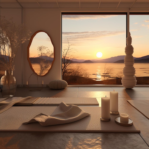 beige herfstyogastudio met zonsondergang yogamatkaars