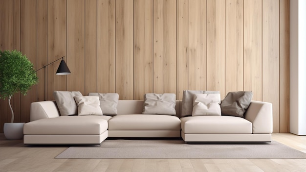 Beige hoekbank tegen houten lambrisering muur moderne woonkamer interieur