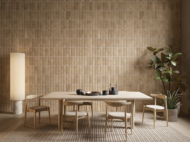 Beige interior with dining table tiled wall and decor d render illustration mockup