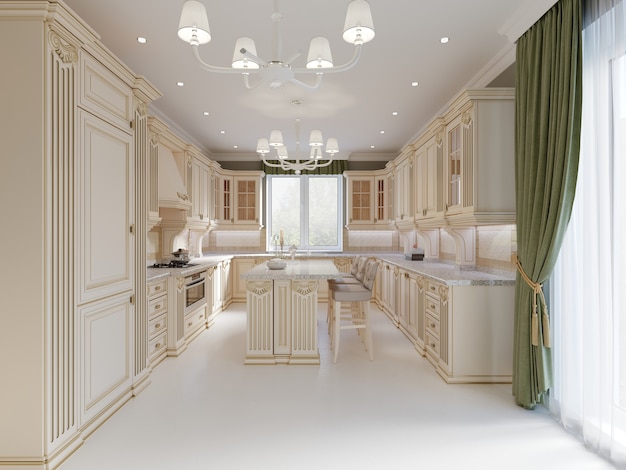 Beige kitchen in classical style, 3d rendering