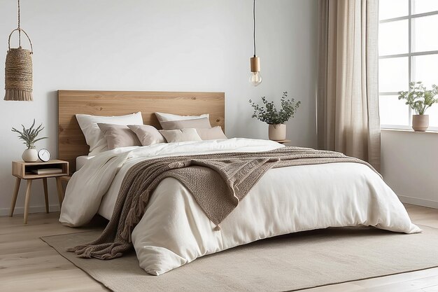 Foto coperta a maglia beige su un letto bianco con testa di letto in legno accanto a un piccolo tavolo con lampada in una camera da letto minimalista
