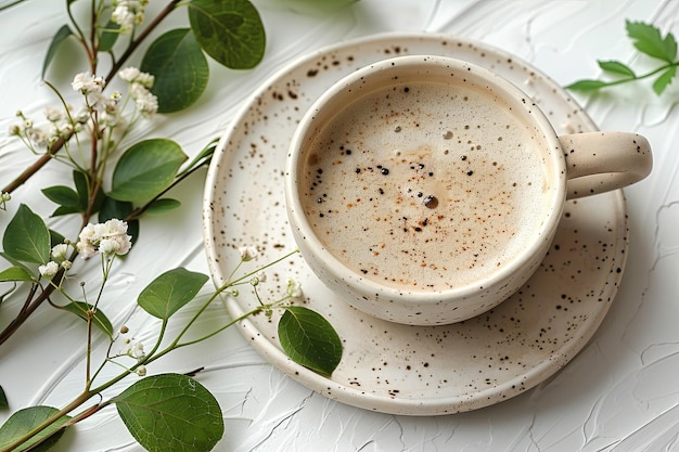 Beige koffiebeker met een bladgroene plant aan de zijkant op tafel