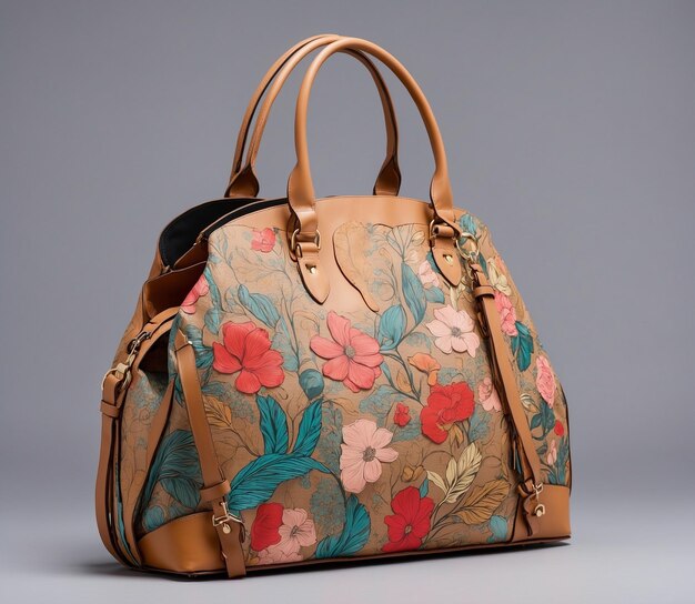 Beige leather womens bag with floral print on a gray background