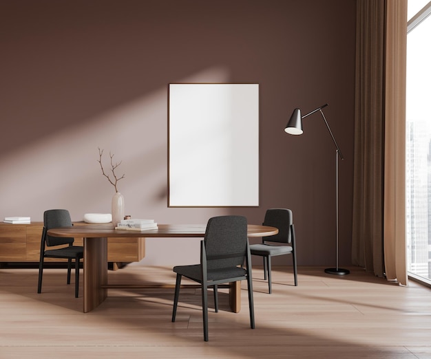 Beige living room interior eating table and sideboard with window mockup frame