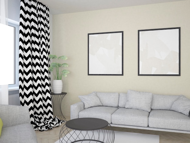 Beige living room with sofa coffee table and big posters