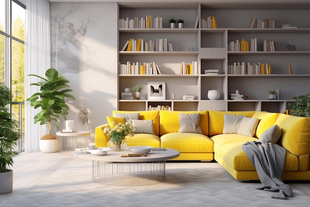 beige living room with yellow sofa couch